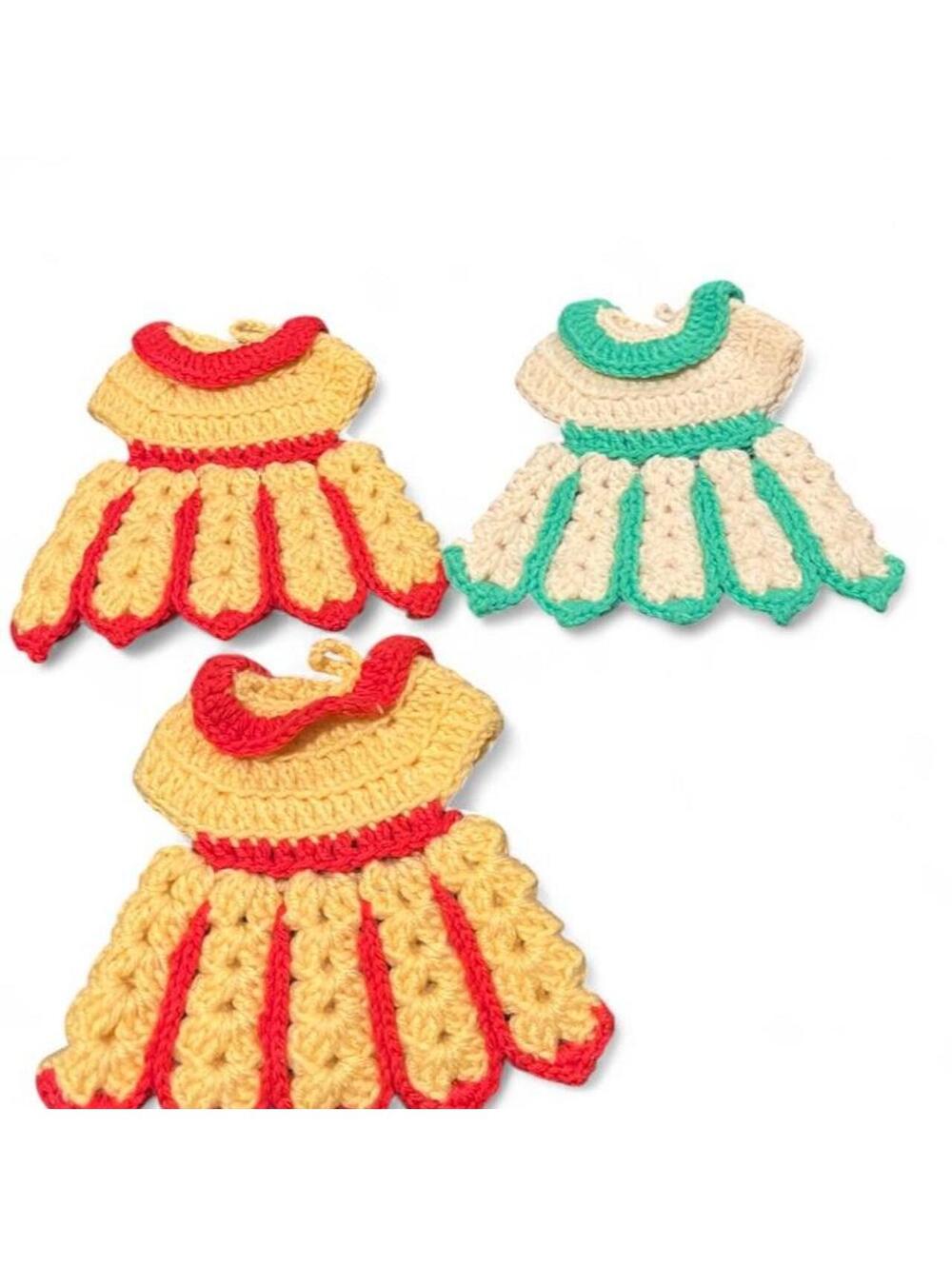 Vintage Style Crochet Doll Dress Potholders Lot of 3 Retro Kitchen Hot Pads